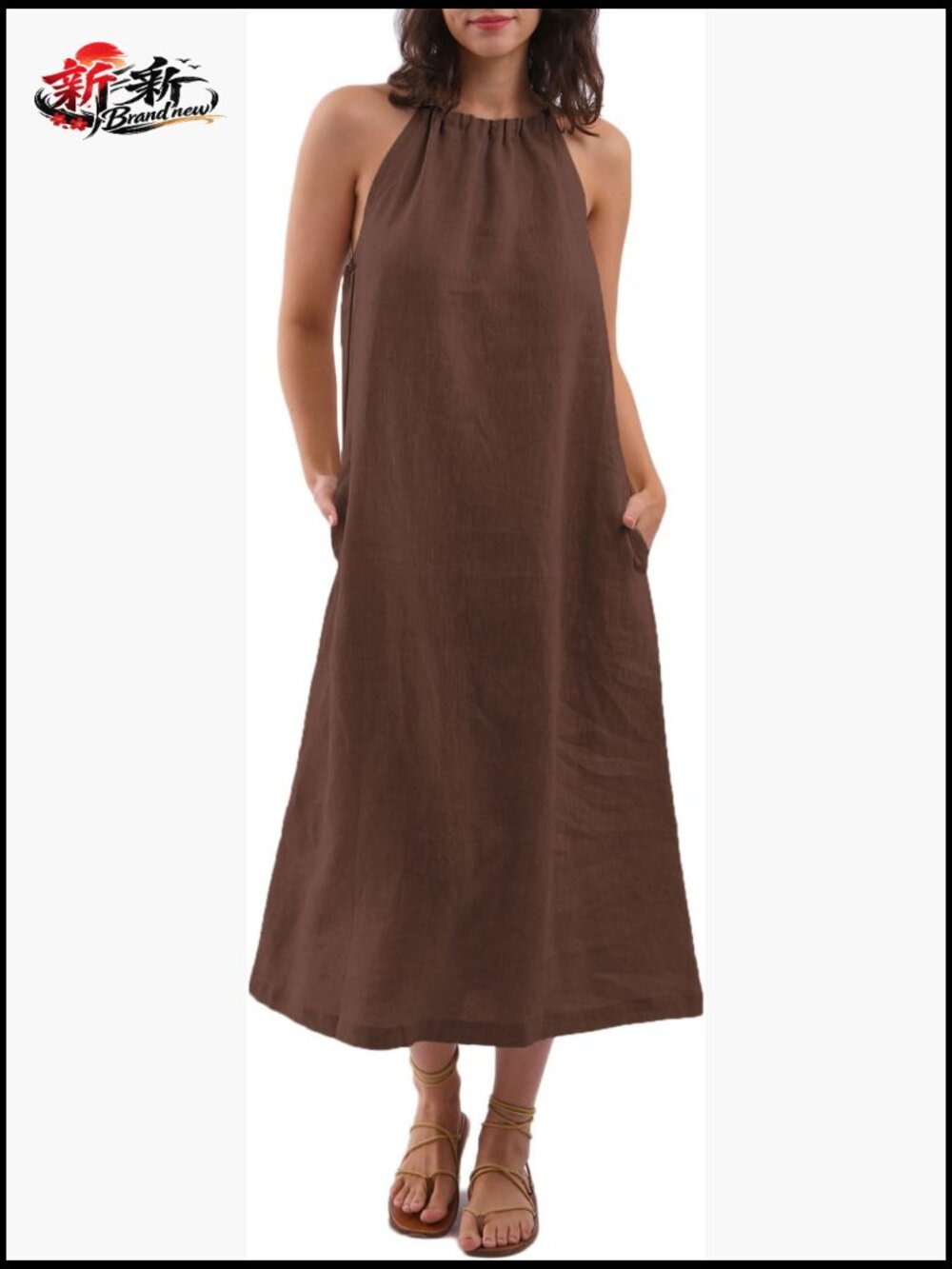 Linen Halter Sleeveless Maxi Dress with Tie Back and Pockets